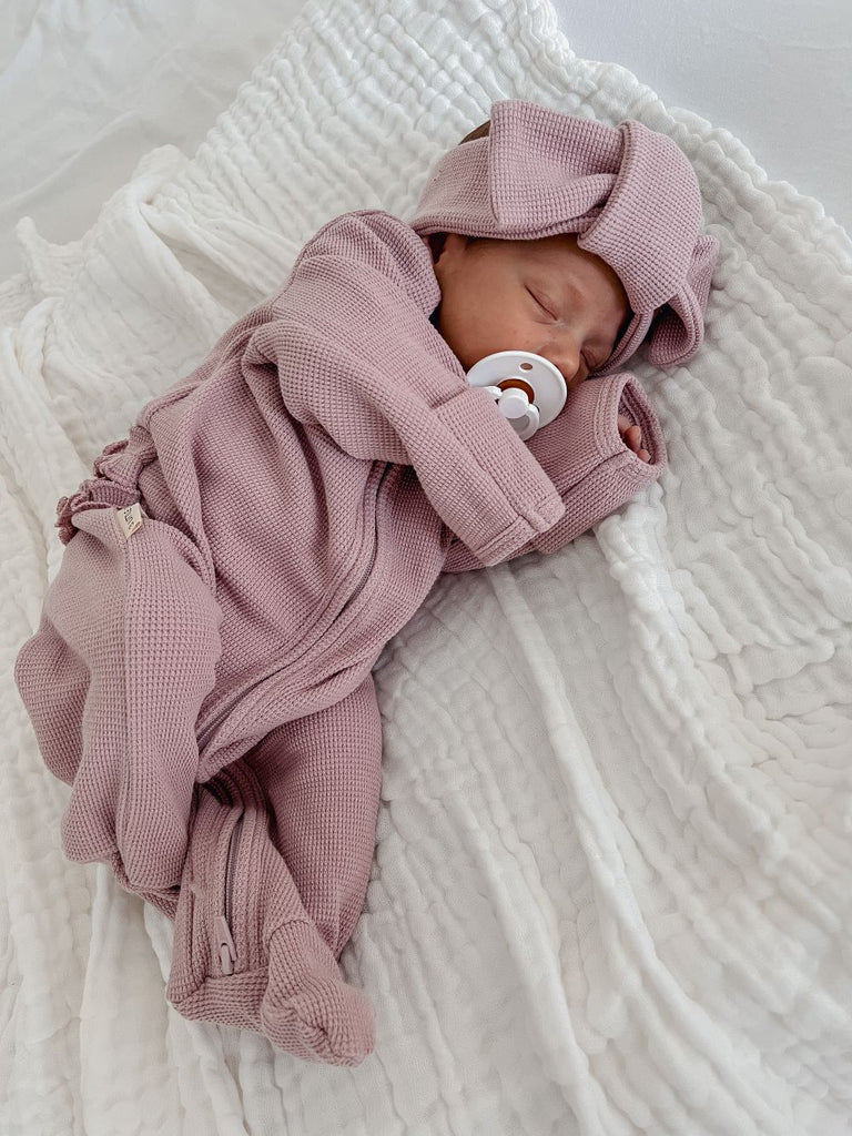 My First Outfit | Flutter Bum Footed Onesie & Topknot Set | Soft Lavender