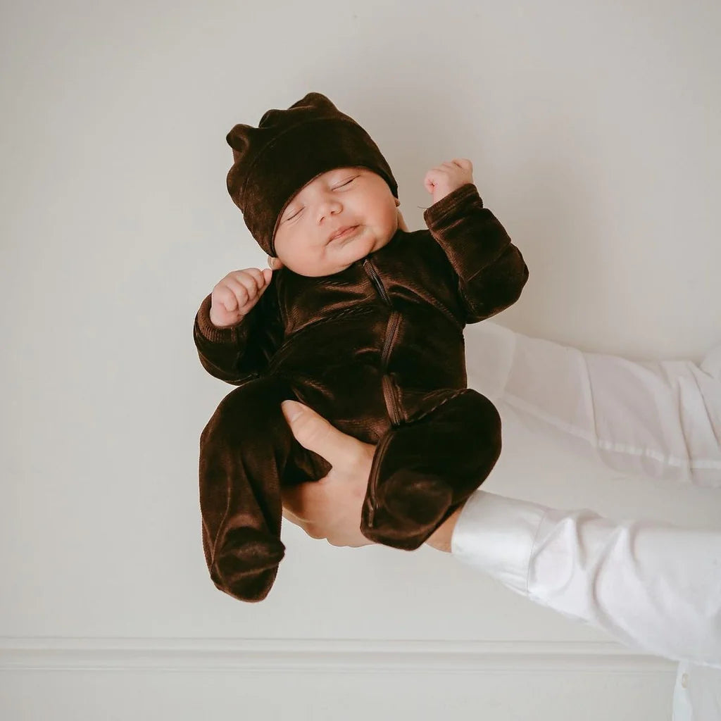 My First Outfit | Corduroy Footed Onesie & Beanie Set | Chocolate