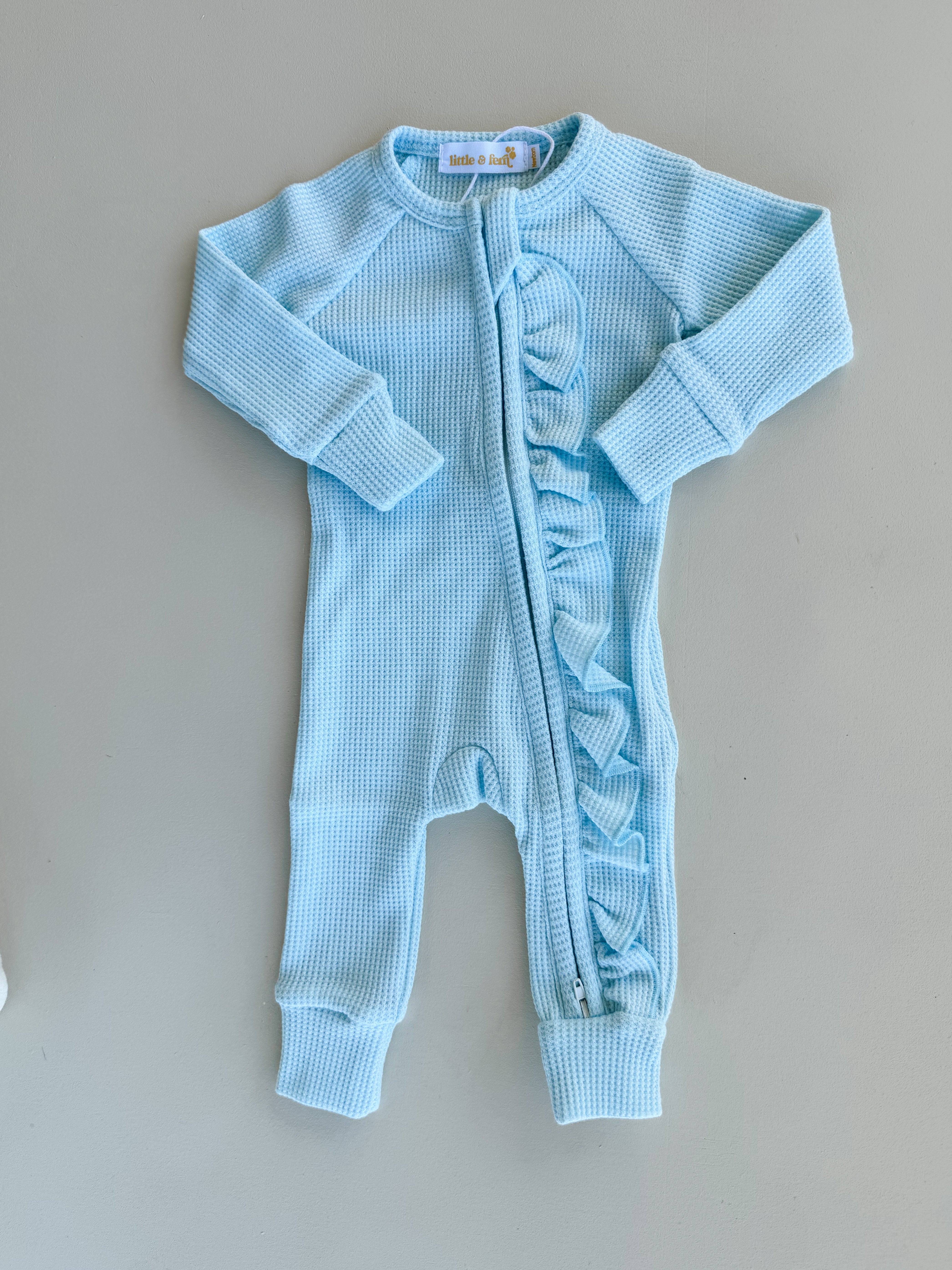 Frill Zip Romper | Baby Blue Waffle