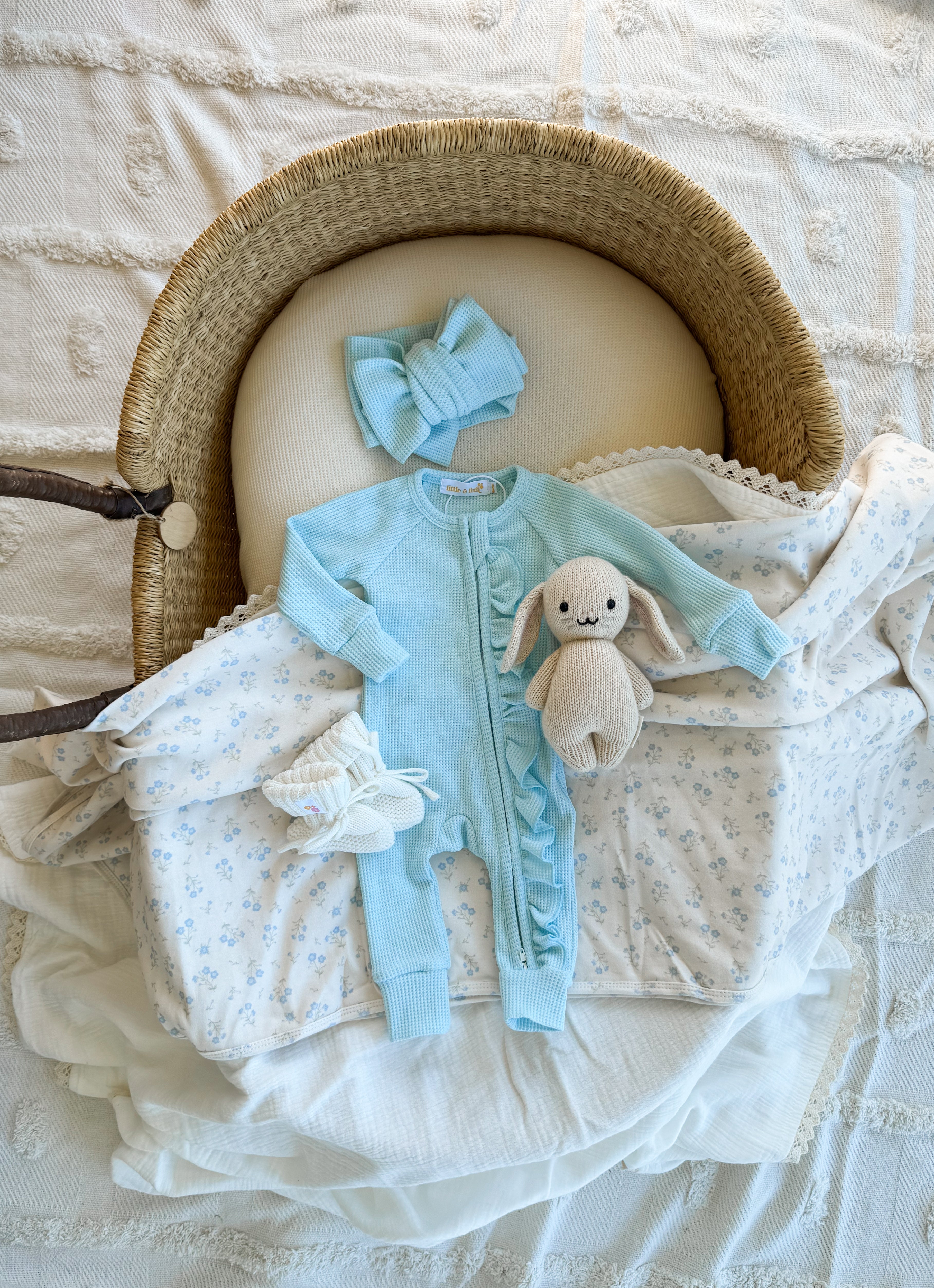 Frill Zip Romper | Baby Blue Waffle