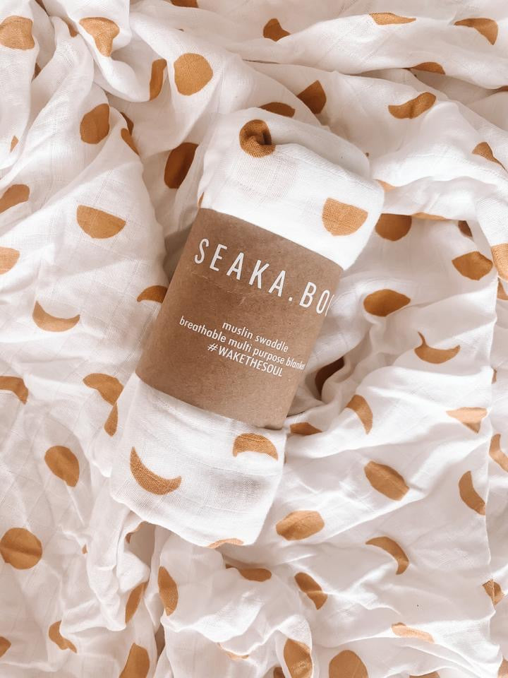Seakaboo Organic Bamboo Cotton Baby Swaddle|Wrap - Moon Phases (Mustard)