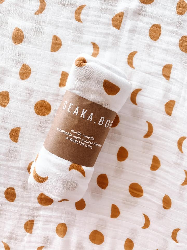 Seakaboo Organic Bamboo Cotton Baby Swaddle|Wrap - Moon Phases (Mustard)