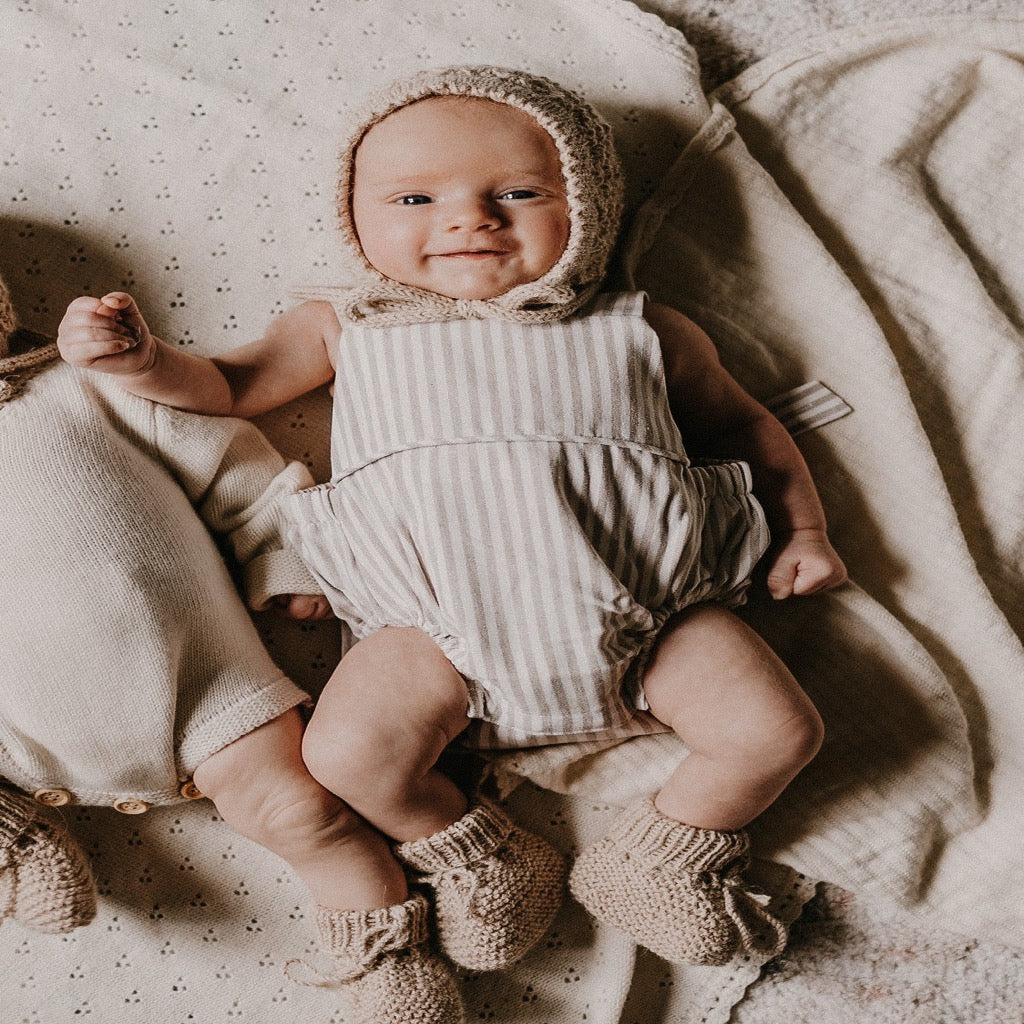 Charlie Romper in Oatmeal Stripes