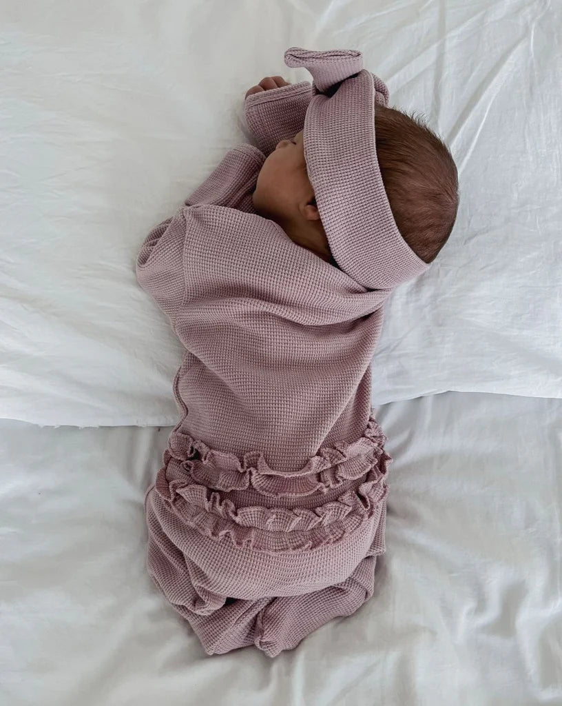 My First Outfit | Flutter Bum Footed Onesie & Topknot Set | Soft Lavender