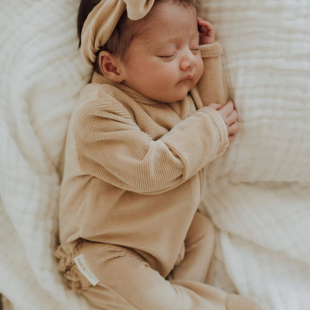 My First Outfit | Corduroy Flutter Bum Footed Onesie & Topknot Set | Cashew