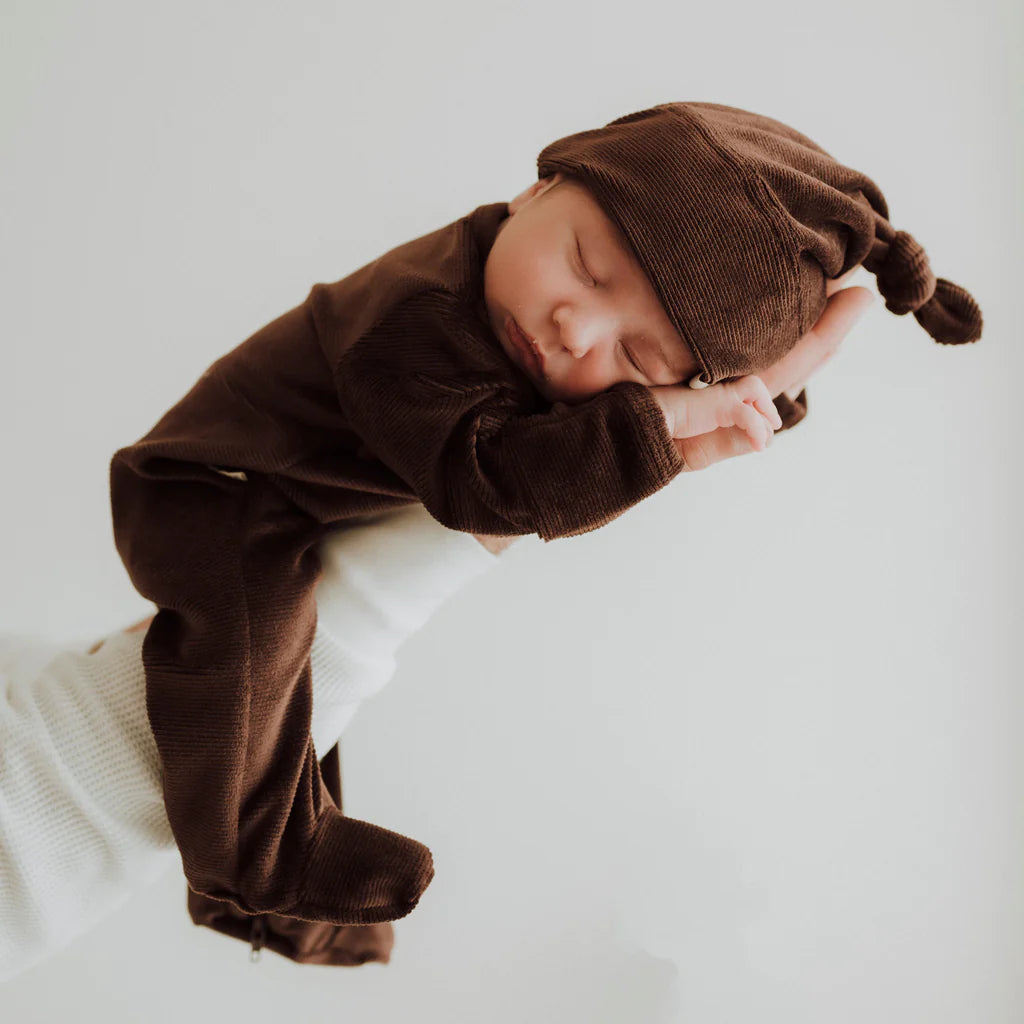 My First Outfit | Corduroy Footed Onesie & Beanie Set | Chocolate